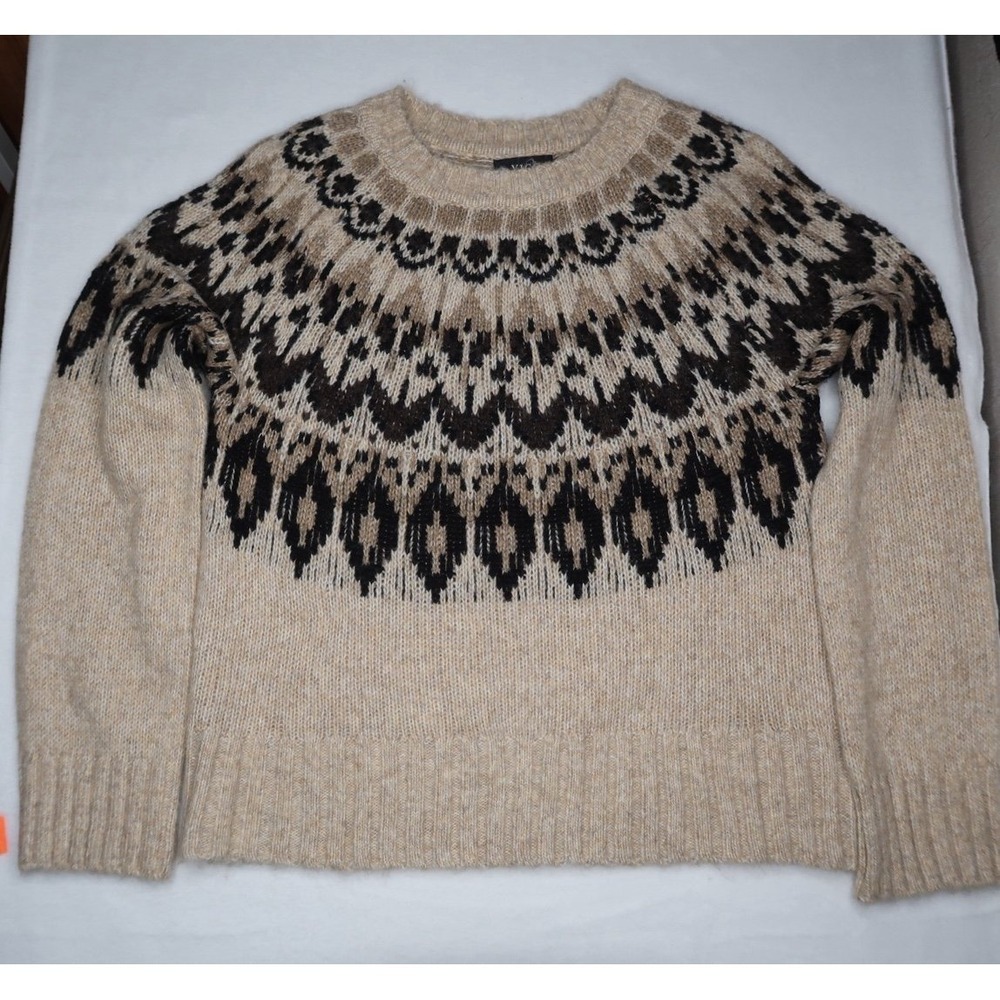 VICI Fair Isle Nordic Knit Pullover Long Sleeve Sweater XS Taupe Black Crewneck